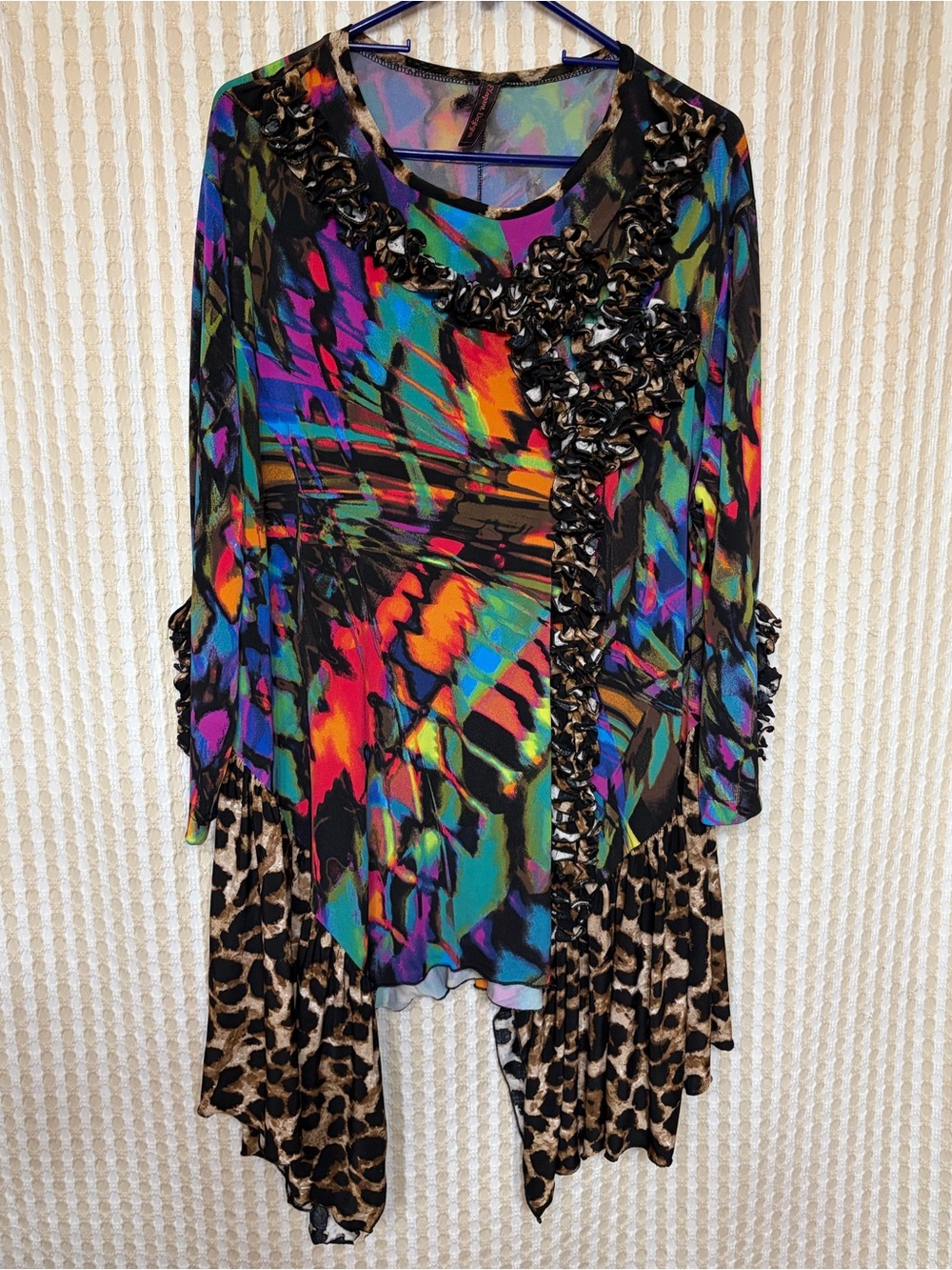 Multicolor Printed Ruffle Trim Women's Tunic with Leopard Accent